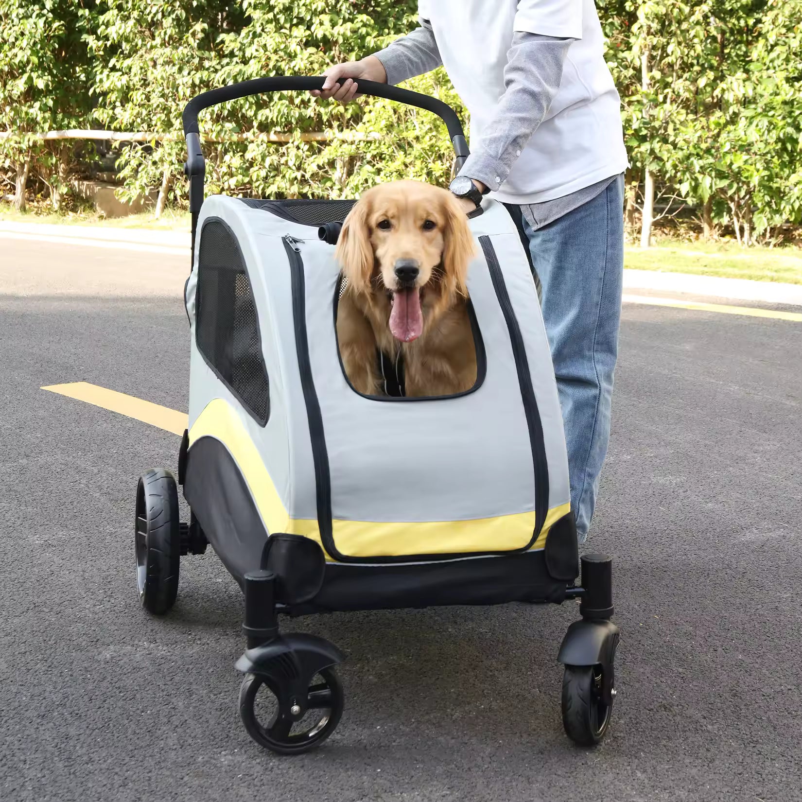 Portable 4-Wheel Dog Stroller for Large Dogs, Foldable Pet Travel Carriage with Breathable Mesh Carrier for Cats & Dogs Outdoor play & Travel