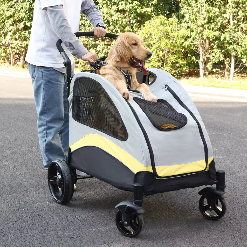 Portable 4-Wheel Dog Stroller for Large Dogs, Foldable Pet Travel Carriage with Breathable Mesh Carrier for Cats & Dogs Outdoor play & Travel