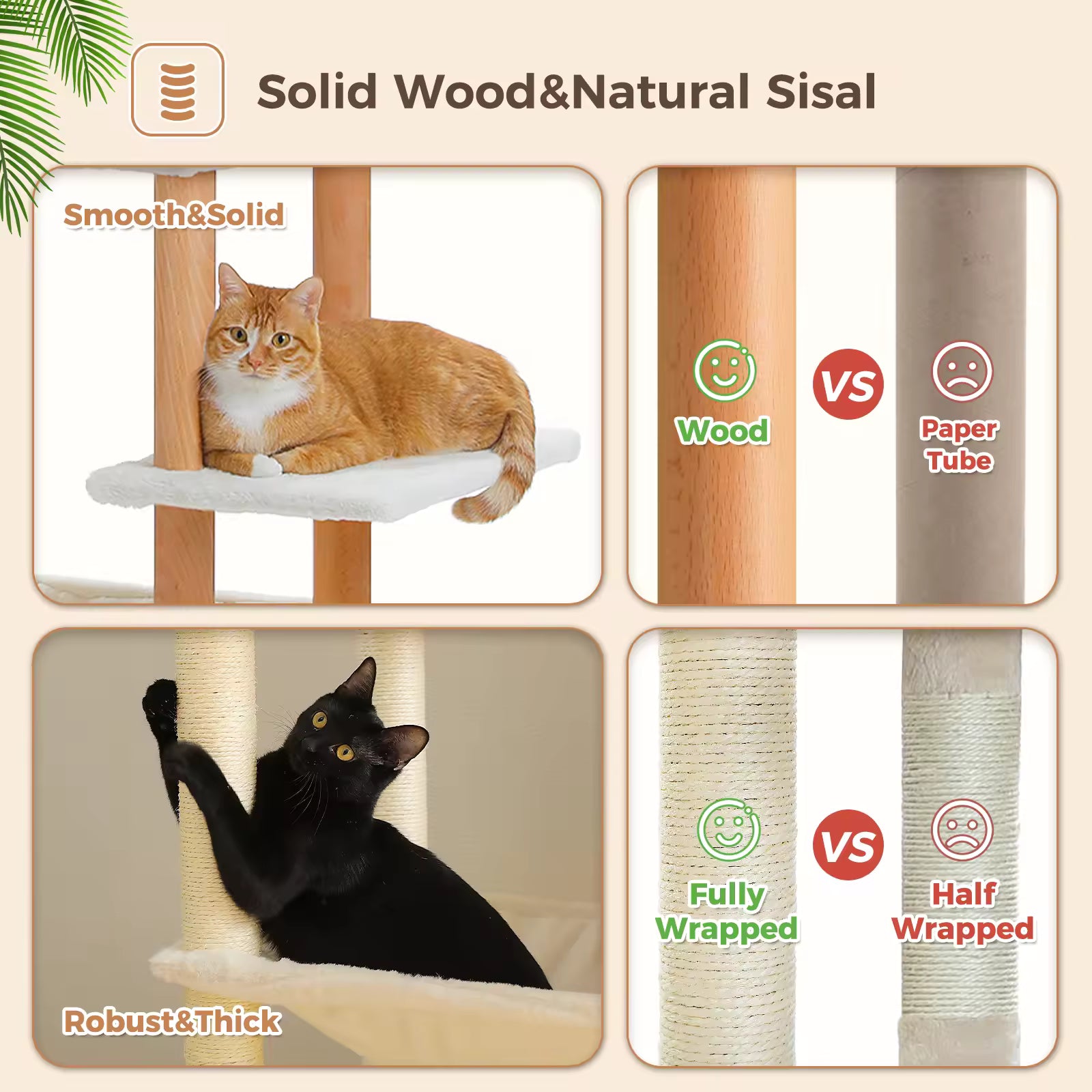 Tall Multi-Level Cat Tree for Indoor Cats, Wooden Cat Tower with Sisal Scratching Posts, Cozy Hammocks, Large Cat Condo & Interactive Cat Toys