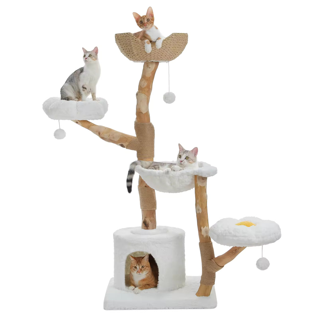 Modern Indoor Large Cat Tree Tower, Cat Condo with Sisal Scratching Post, Wicker Basket Bed, Flower Design For Kittens & Adult Cat