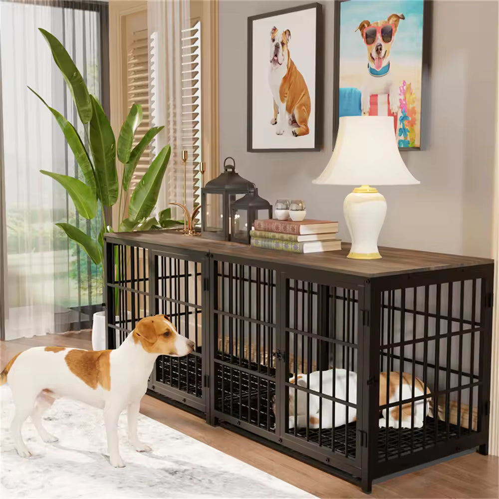 Large Wooden Dog Crate – Indoor Elevated Furniture-Style Pet Cage with Lattice Design, 3 Doors, Removable Tray, and Puppy Playpen
