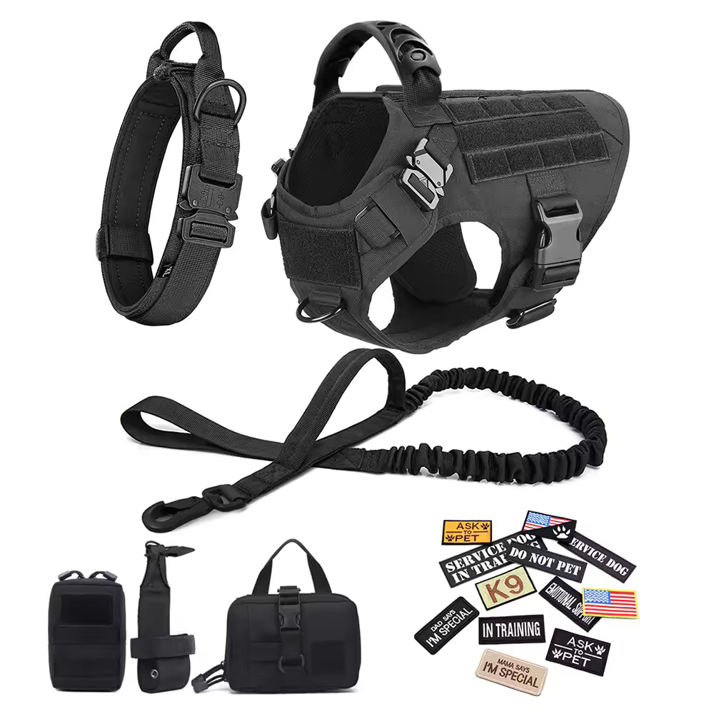 Military Large Dog Harness Set, Tactical Dog Malinois Training Vest with Collar, Leash, Bags & Patches, Dogs Harness