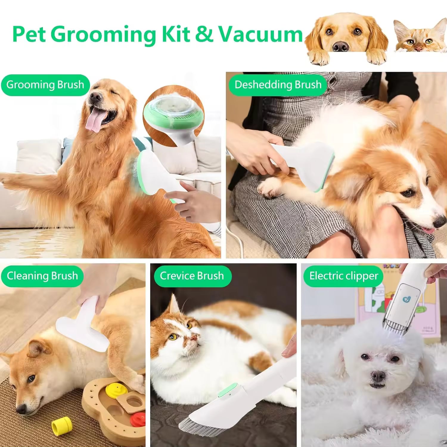Pet Grooming 2L Vacuum Suction Kit, Quiet Professional Dog & Cat Grooming Set with 99% Hair Suction and 5 Essential Grooming Tools