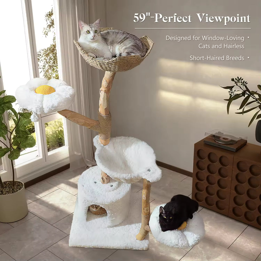Modern Indoor Large Cat Tree Tower, Cat Condo with Sisal Scratching Post, Wicker Basket Bed, Flower Design For Kittens & Adult Cat