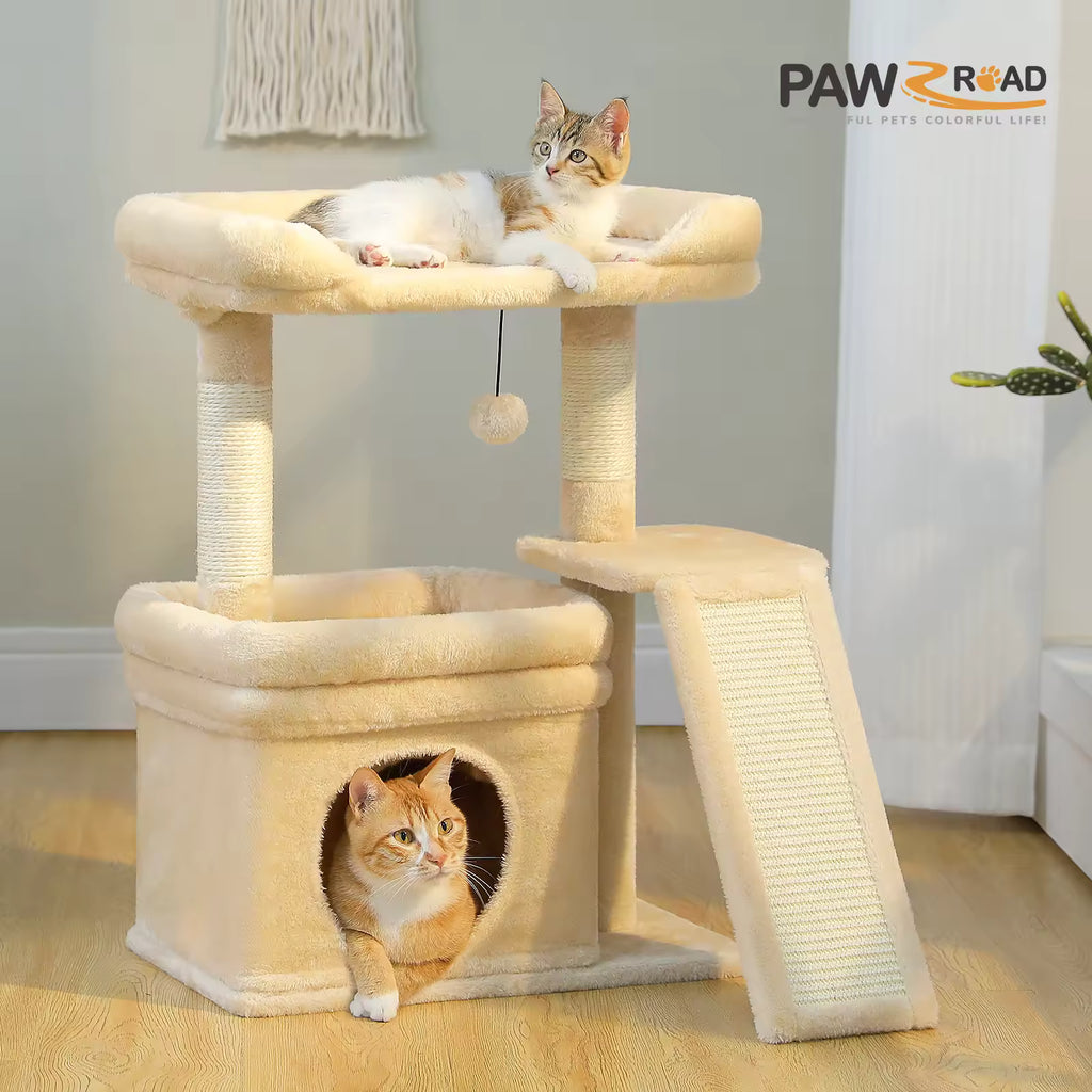 Indoor Small Cat Tree Tower, Plush Cat House, Wide Top Perch Cat Condo with Sisal Scratching Post, Scratchers Cat Toys