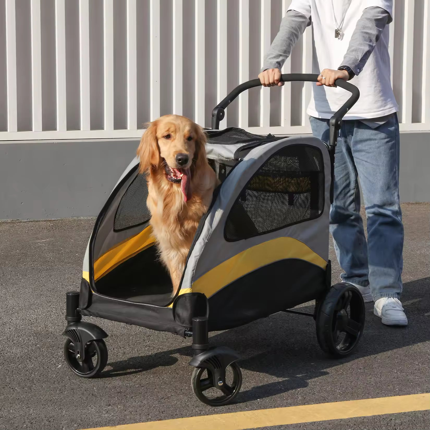 Portable 4-Wheel Dog Stroller for Large Dogs, Foldable Pet Travel Carriage with Breathable Mesh Carrier for Cats & Dogs Outdoor play & Travel