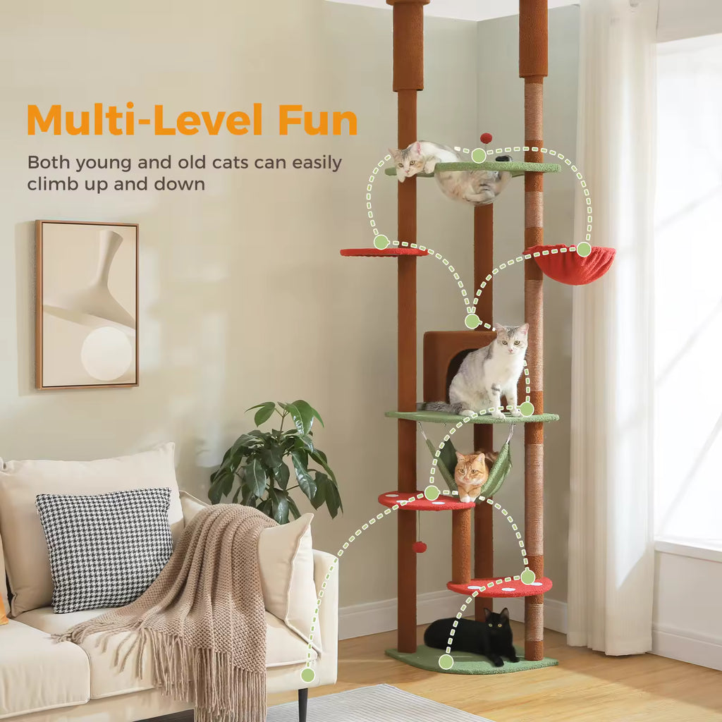 Tall Multi-Level Cat Tree for Indoor Cats, Floor-to-Ceiling Cat Tower with Scratching Posts, Cozy Condo, Hammock, Playhouse & Cat Furniture and Toys