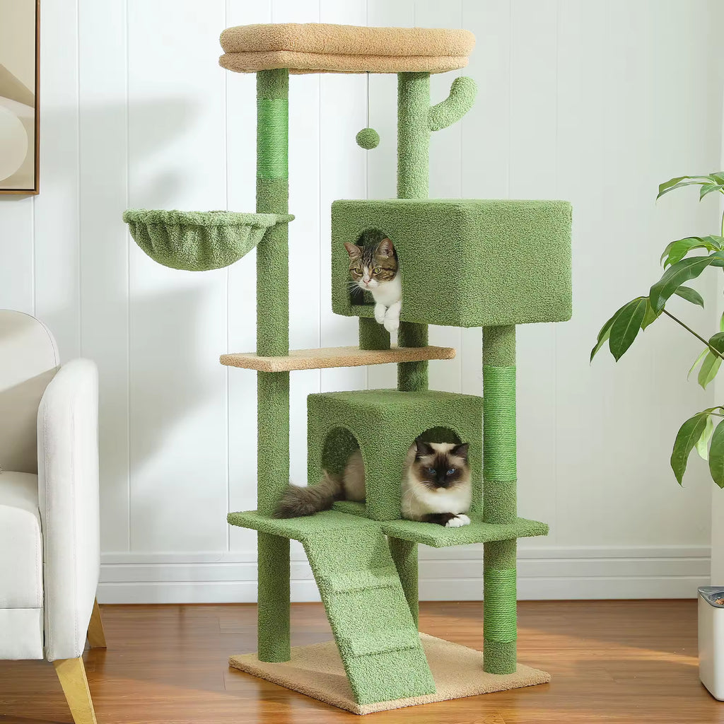 56.3" Cat Tree for Large Cats, Multi-Level Cat Tower with Super Large Perch, Plush Hammock, Hanging Pompom & Sisal-Covered Scratching Post