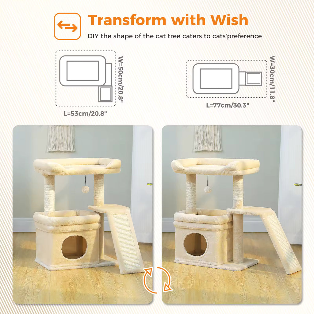 Indoor Small Cat Tree Tower, Plush Cat House, Wide Top Perch Cat Condo with Sisal Scratching Post, Scratchers Cat Toys