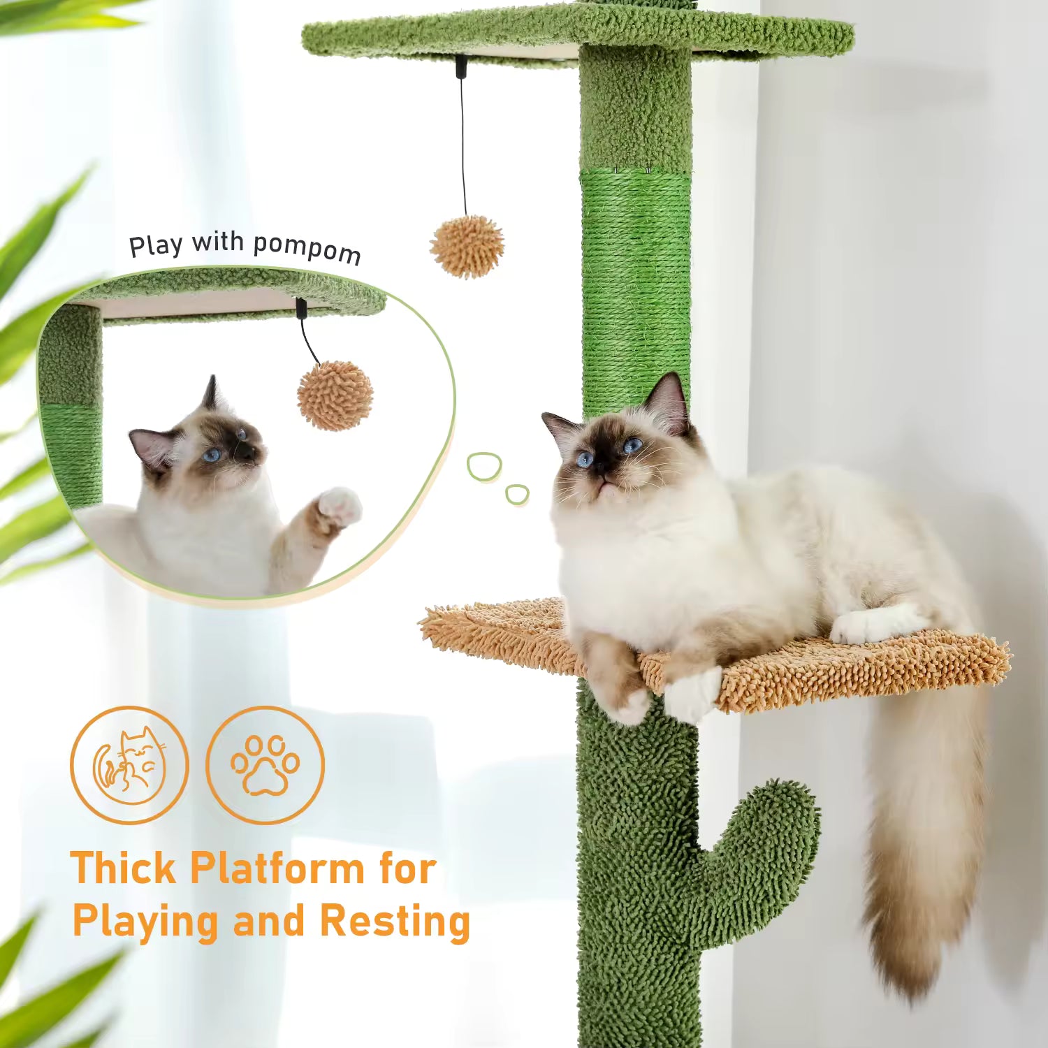 5-Tier Cat Tower Floor Multi-Level Climbing Tall Cactus Cat Tree, Scratching Post, Hammock & Interactive Dangling Ball for Kittens and Adult Cats
