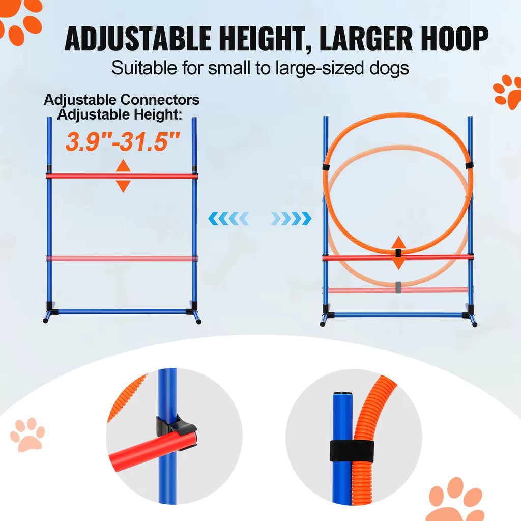 SucceBuy Dog Agility Training Equipment Set, 4-Piece Kit with Adjustable High Hurdles, 6 Weave Poles, Jump Ring, Pause Box & Training Whistle