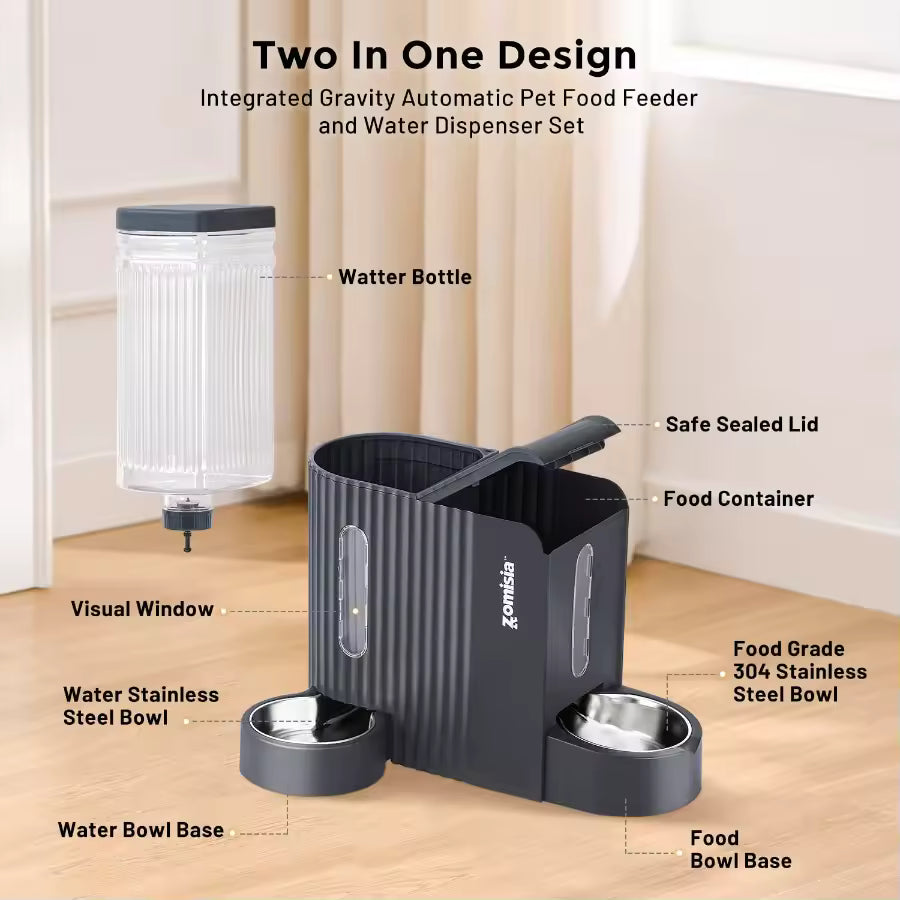 2-in-1 Automatic Cat Feeder & Water Dispenser, 304 Stainless Steel Bowls with 180° Rotatable Water Bowl for Cats and Pets