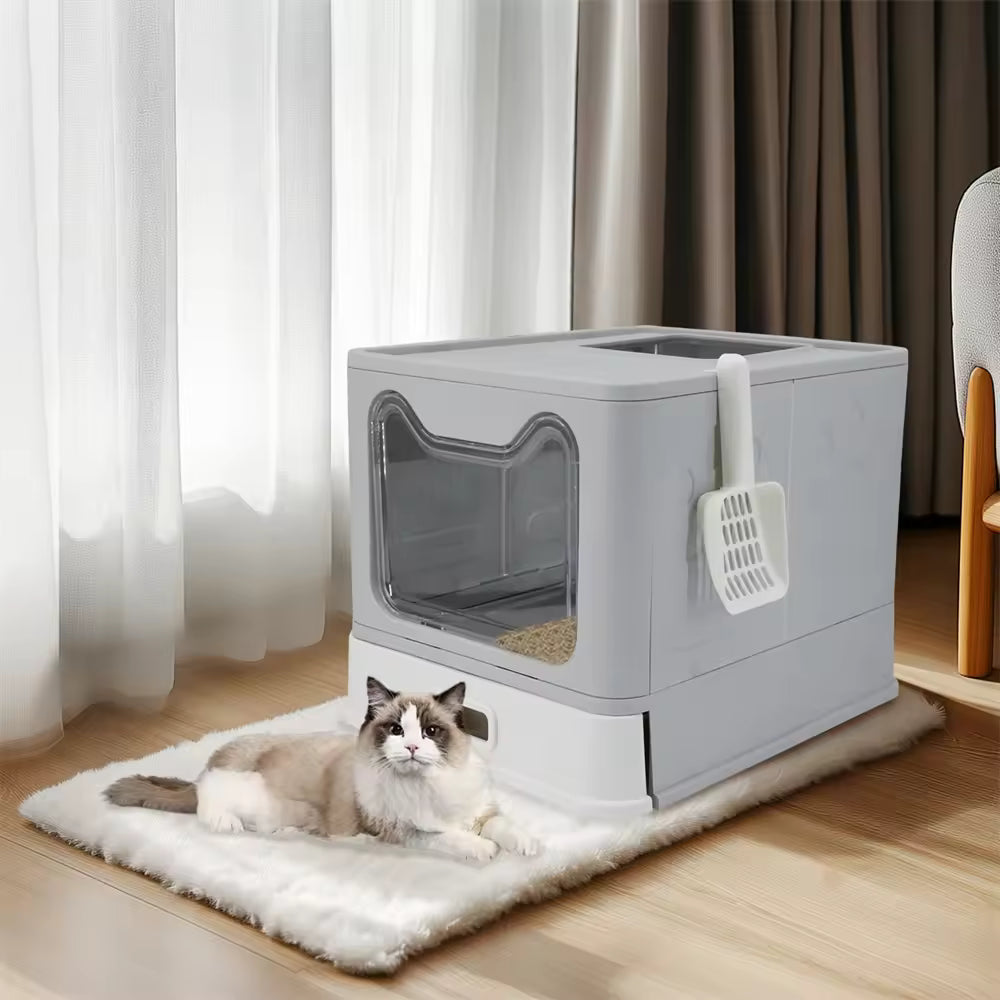 Enclosed Stainless Steel Cat Litter Box with Lid & Scoop, Large Covered Top-Entry Litter Pan with High Sides for Easy Cleaning