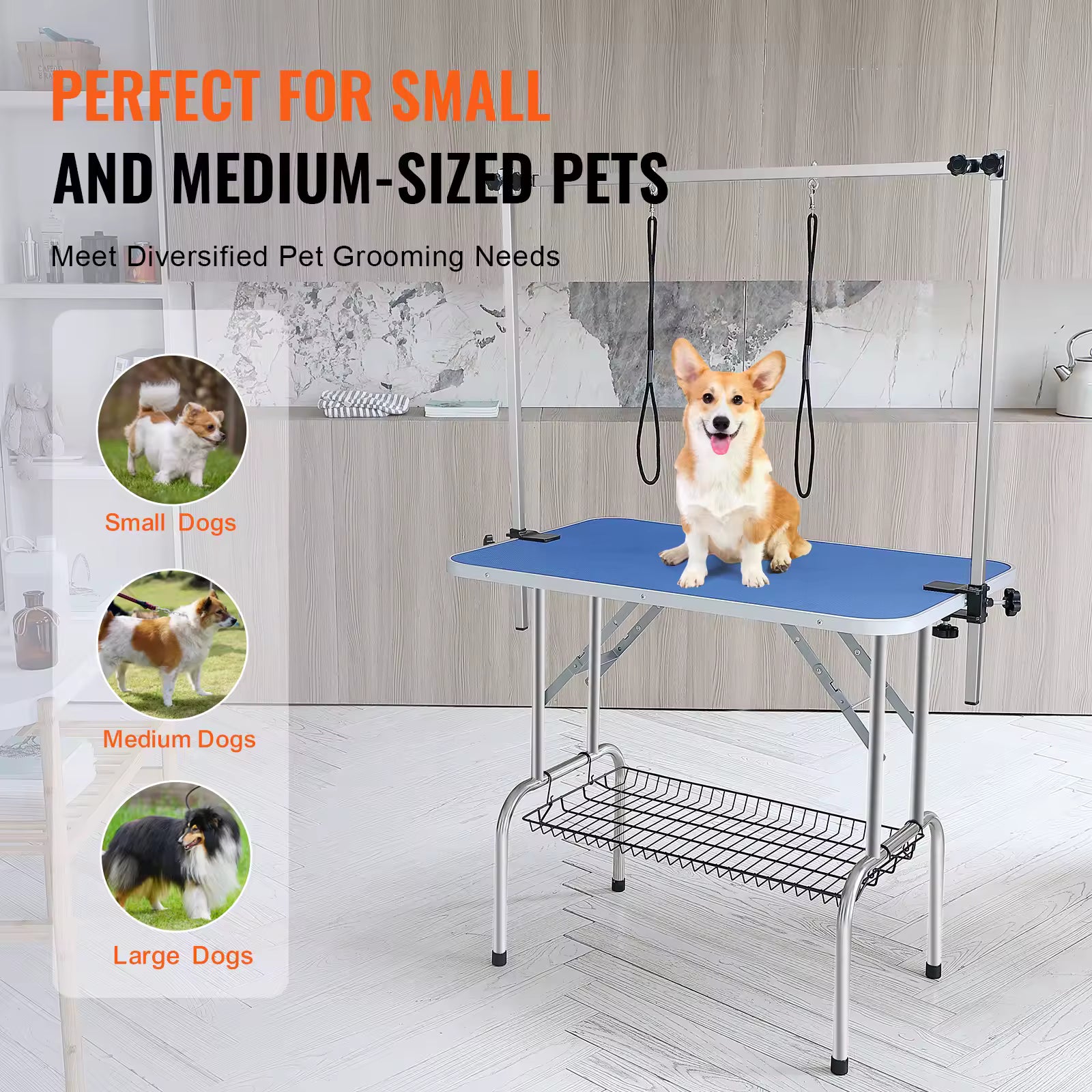 SucceBuy Foldable Pet Grooming Table, Two Arms with Clamp, Adjustable Dog Grooming Station with Loop for Small & Medium Dogs