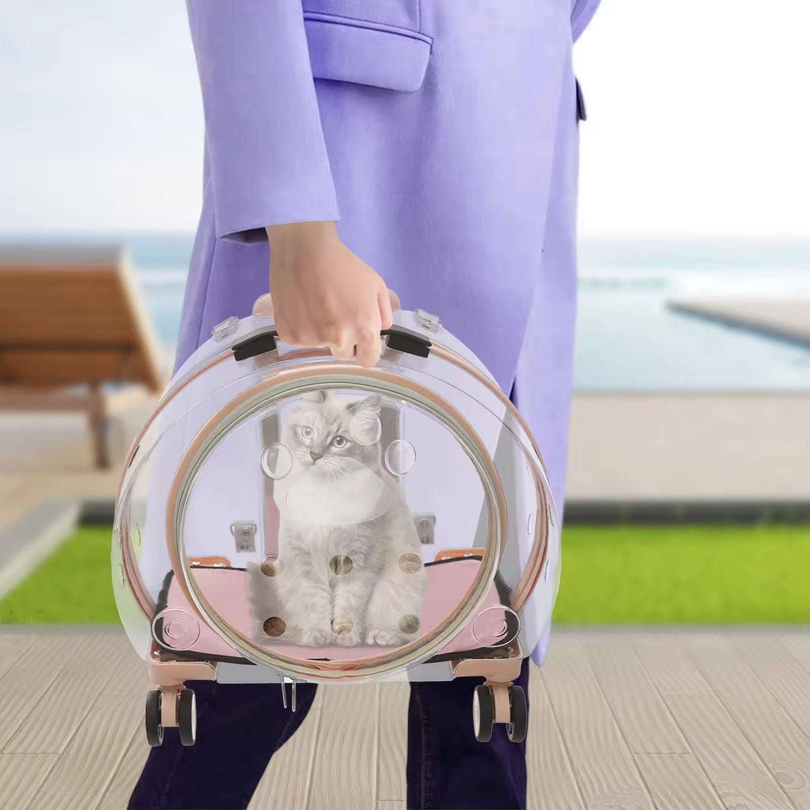 Adjustable Cat Carrier with Rolling Wheels, Waterproof, Breathable Travel Backpack & Rolling Pet Carrier for Cats