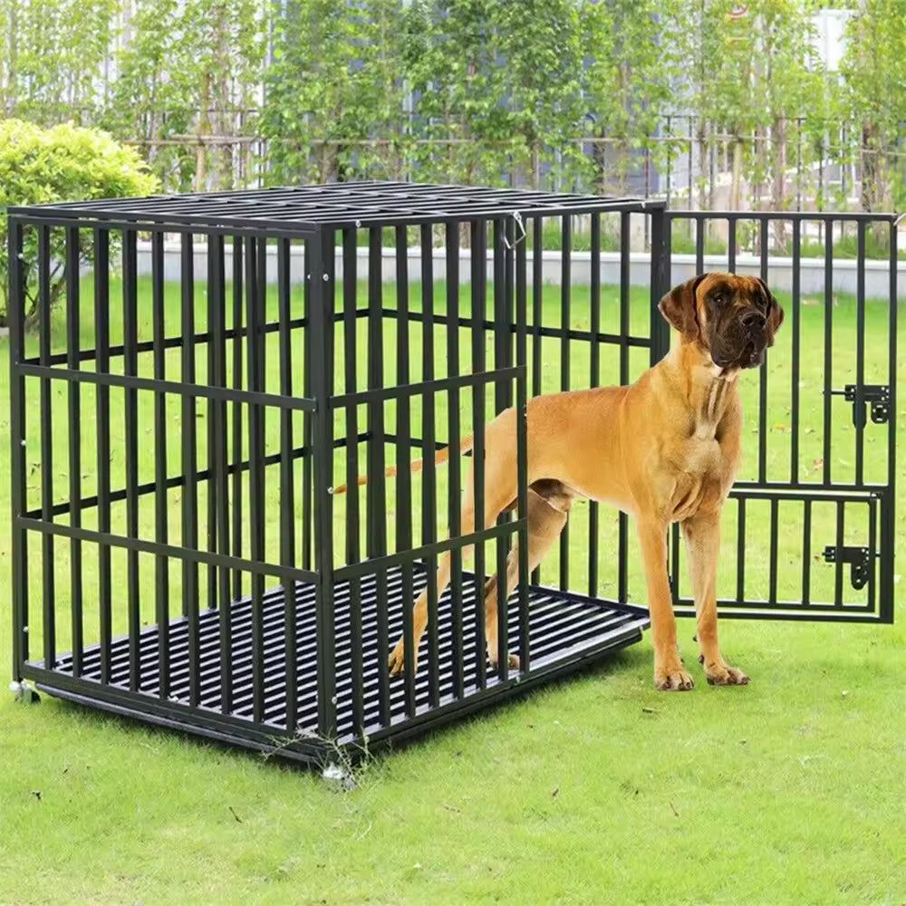XXL Large Heavy Duty Dog Metal Crate, Strong Square Tube Kennel Cage with Tear-Resistant Design, Lockable Wheels, Slide-Out Tray