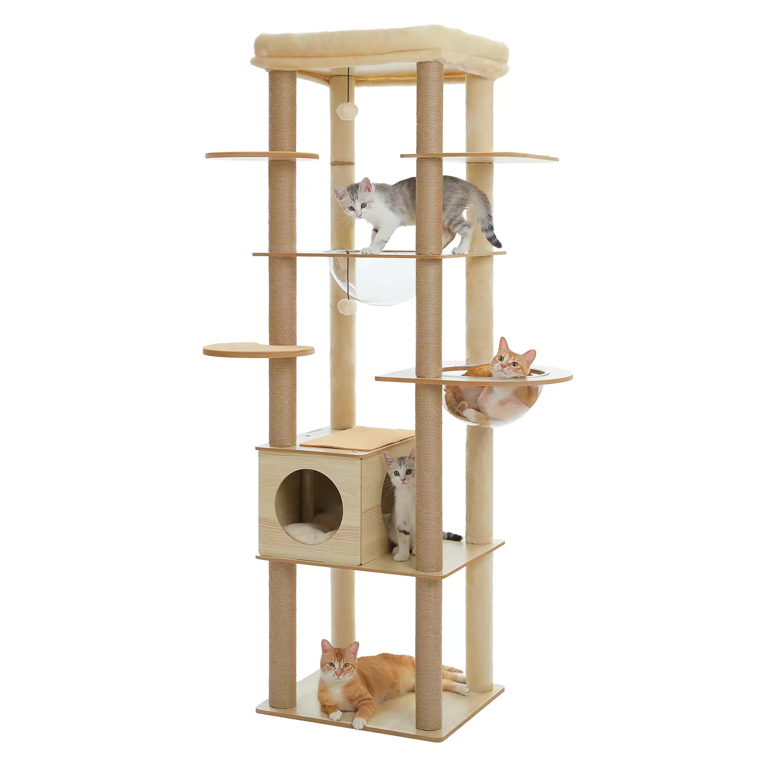 Multi-Level Indoor Cat Tree Wooden Tower with Scratching Posts, Spacious Condo, Hammock, Top Perch, Cat Scratcher & Interactive Toys for Cats
