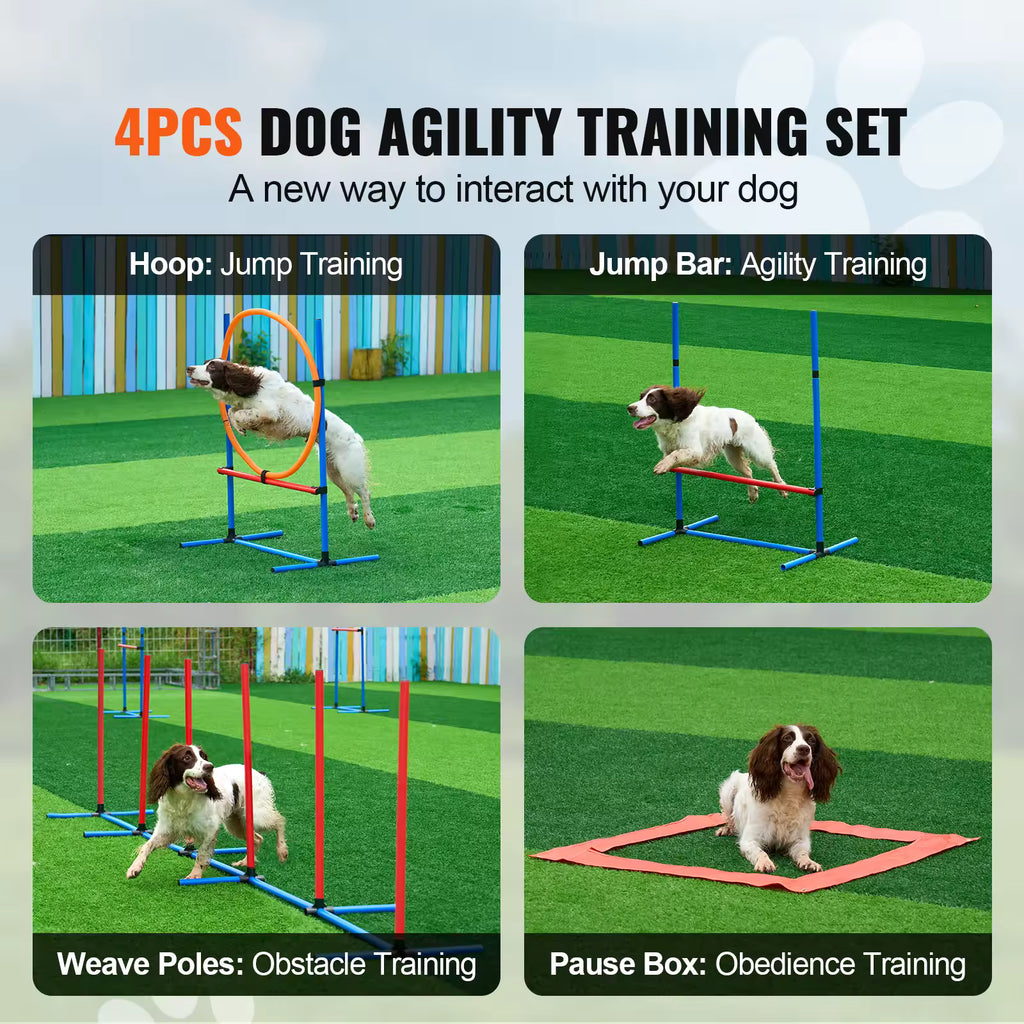 SucceBuy Dog Agility Training Equipment Set, 4-Piece Kit with Adjustable High Hurdles, 6 Weave Poles, Jump Ring, Pause Box & Training Whistle