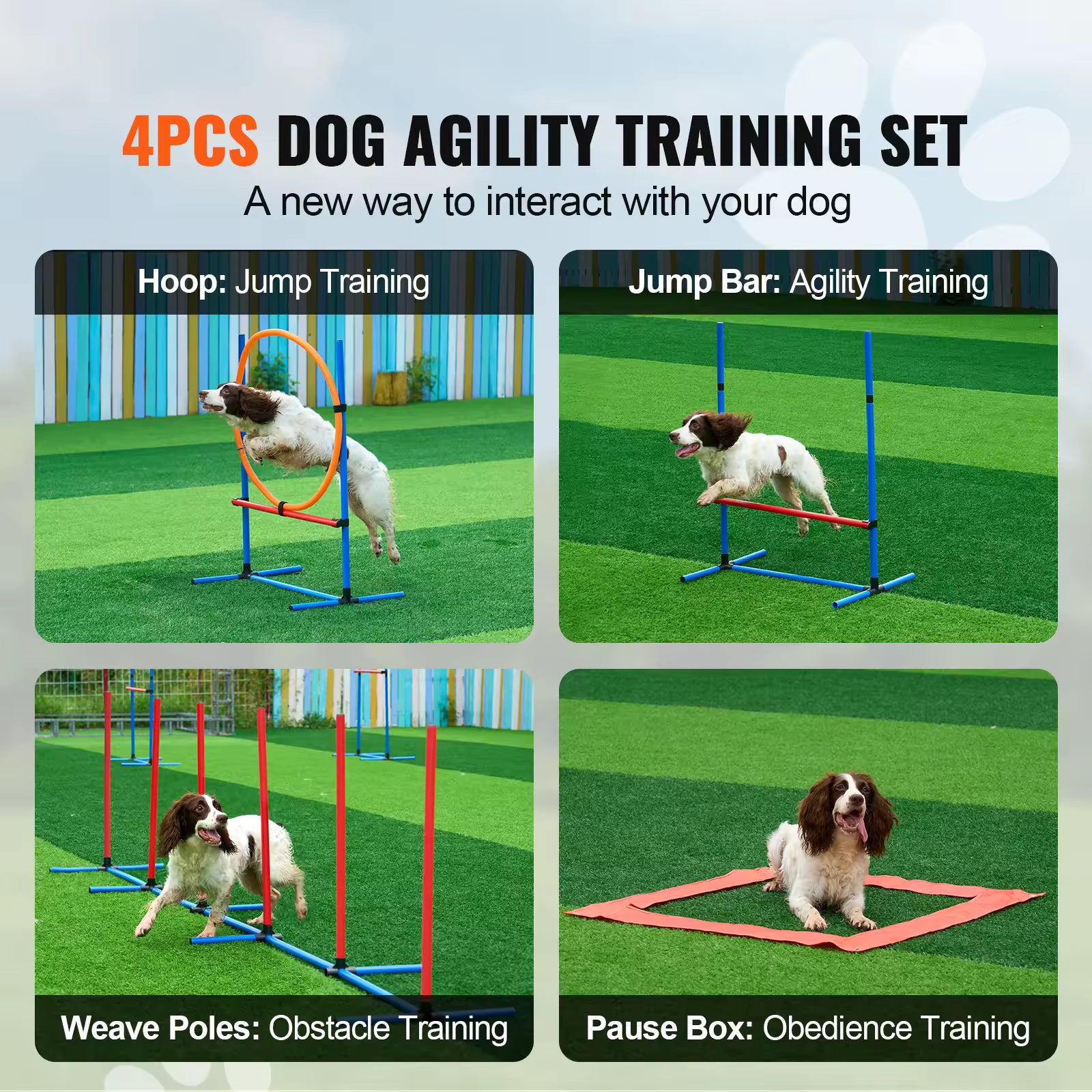SucceBuy Dog Agility Training Equipment Set, 4-Piece Kit with Adjustable High Hurdles, 6 Weave Poles, Jump Ring, Pause Box & Training Whistle