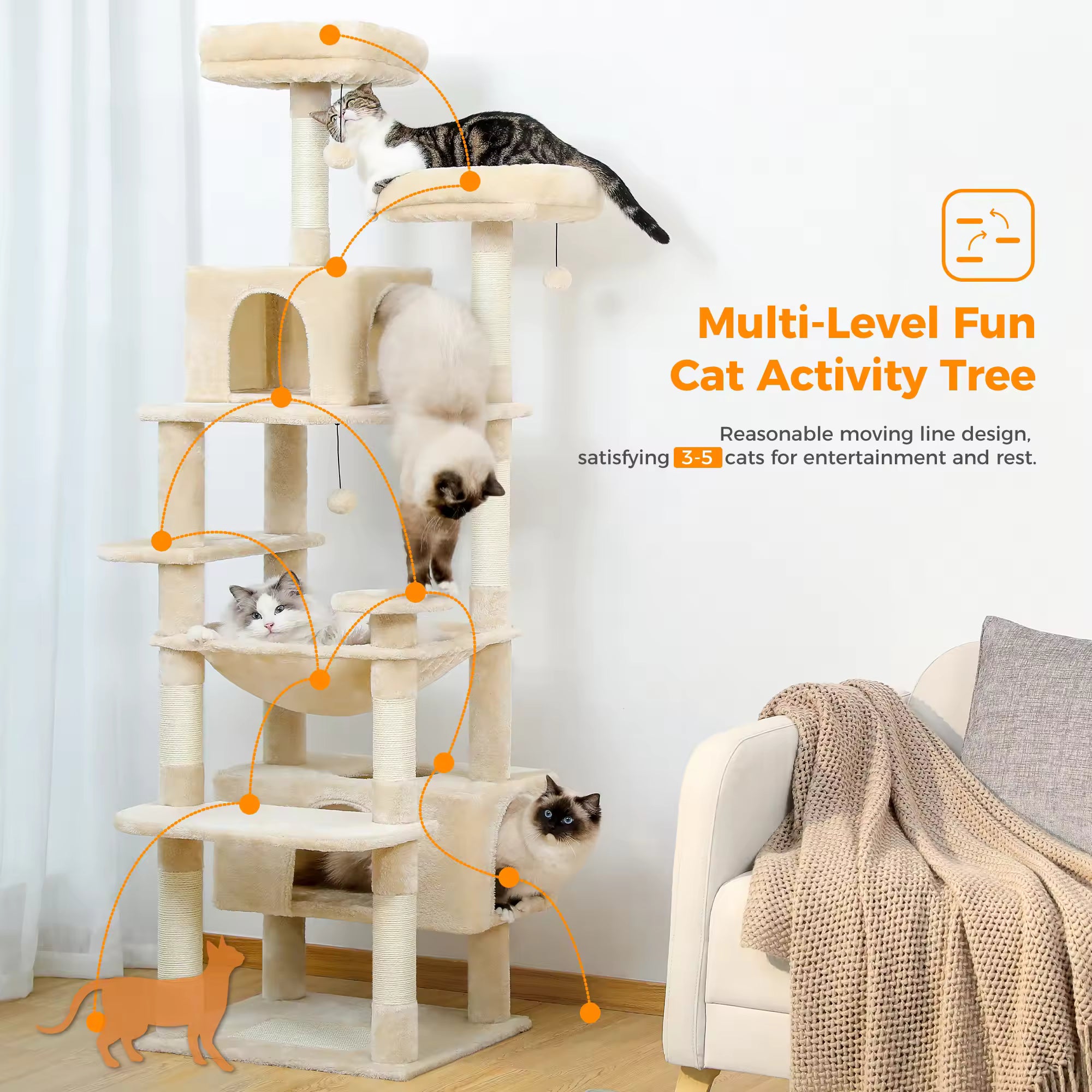 Large Multiple Levels Cat Tree for Indoor Cats with Sisal-Covered Scratching Posts, Plush Hammock, Soft Padded Perches, Condo Houses for Kittens & Adult Cats