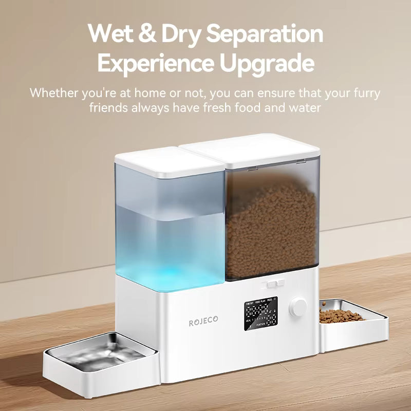 ROJECO 2-in-1 Auto Cat Feeder & Water Fountain, 8.5L Gravity Food & Water Dispenser with Button Version for Cats & Small Dogs