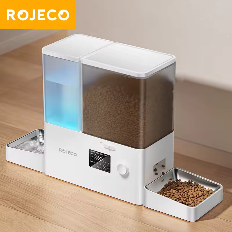 The ROJECO 2-in-1 Auto Cat Feeder & Water Fountain, featuring a large 8.5L capacity for gravity-fed water and food, designed in a sleek grey and white finish.
