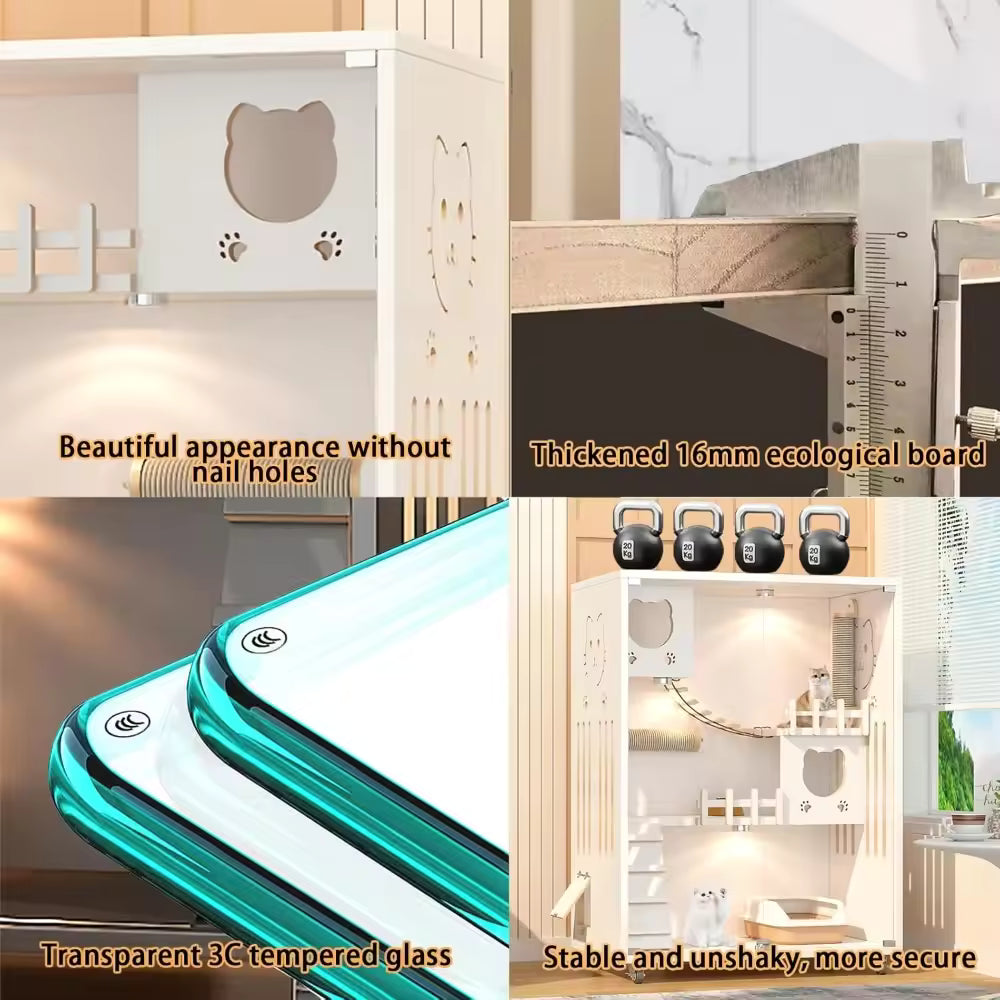 Large Luxury Wood Cat House, Indoor/Outdoor Multi-Feature Cat Condo with Wheels, Enclosed Cat Cage for Cats & Kittens