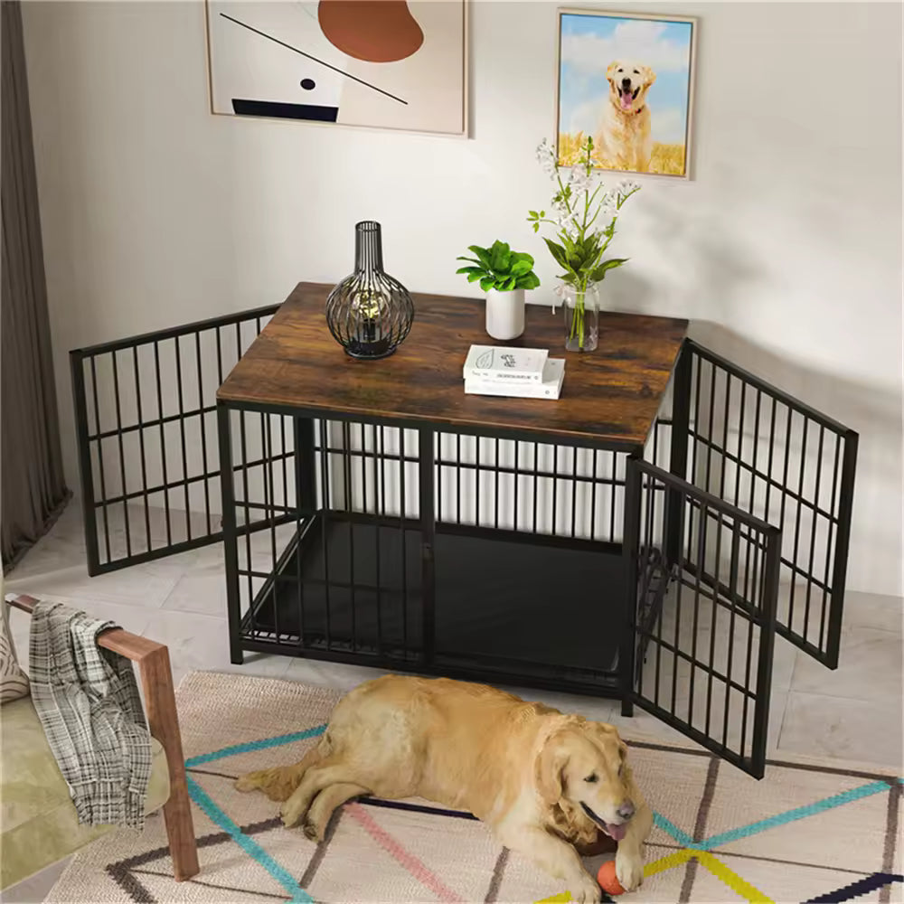 Large Wooden Dog Crate – Indoor Elevated Furniture-Style Pet Cage with Lattice Design, 3 Doors, Removable Tray, and Puppy Playpen