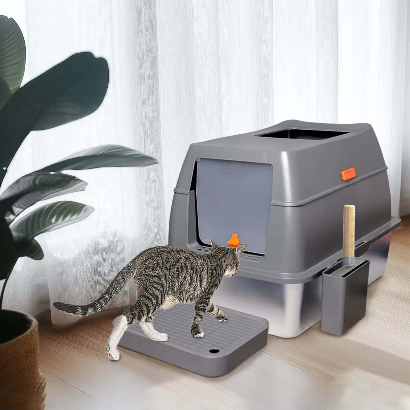 Stainless Steel Cat Litter Box for Extra Large Cats, Enclosed Semi-Open Design, Easy-to-Clean, for Indoor Cats