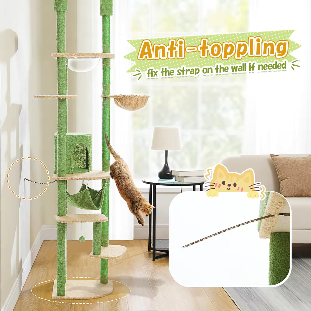Tall Multi-Level Cat Tree for Indoor Cats, Floor-to-Ceiling Cat Tower with Scratching Posts, Cozy Condo, Hammock, Playhouse & Cat Furniture and Toys