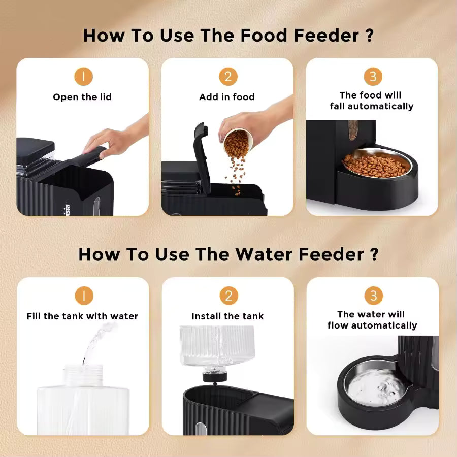 2-in-1 Automatic Cat Feeder & Water Dispenser, 304 Stainless Steel Bowls with 180° Rotatable Water Bowl for Cats and Pets