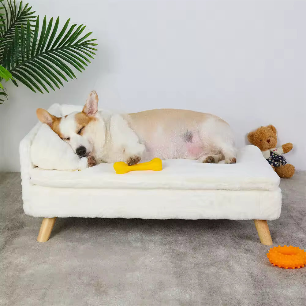 Luxury Elevated Dog Sofa Bed Plush Cushion Pet Lounger with Backrest, Wooden Legs, Comfortable Chair for Small & Medium Dogs and Cats
