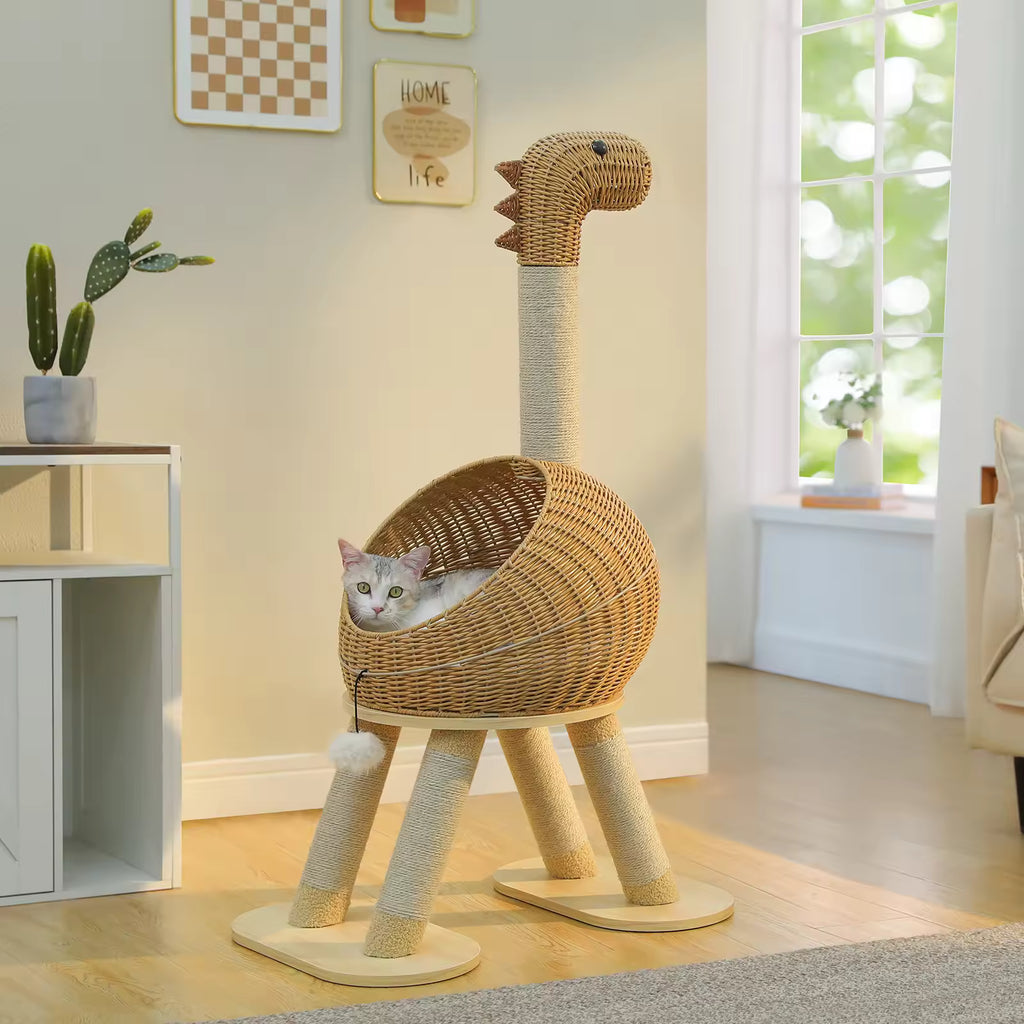 Large Dinosaur Cat Tree for Indoor Cats, Rattan Cat Condo with Sisal Scratching Post, Wicker Bed, Removable Mat & Interactive Cat Toys