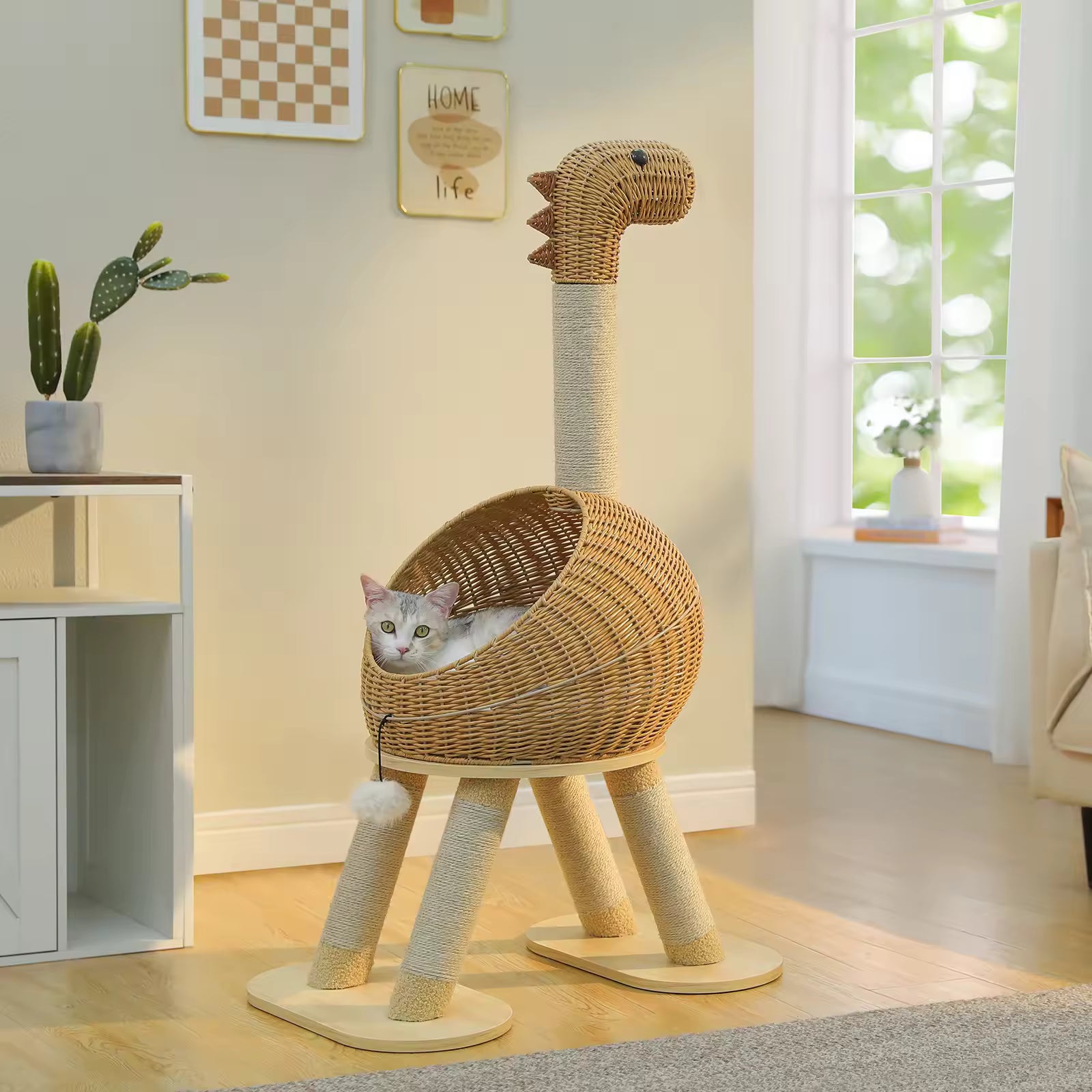 Large Dinosaur Cat Tree for Indoor Cats, Rattan Cat Condo with Sisal Scratching Post, Wicker Bed, Removable Mat & Interactive Cat Toys