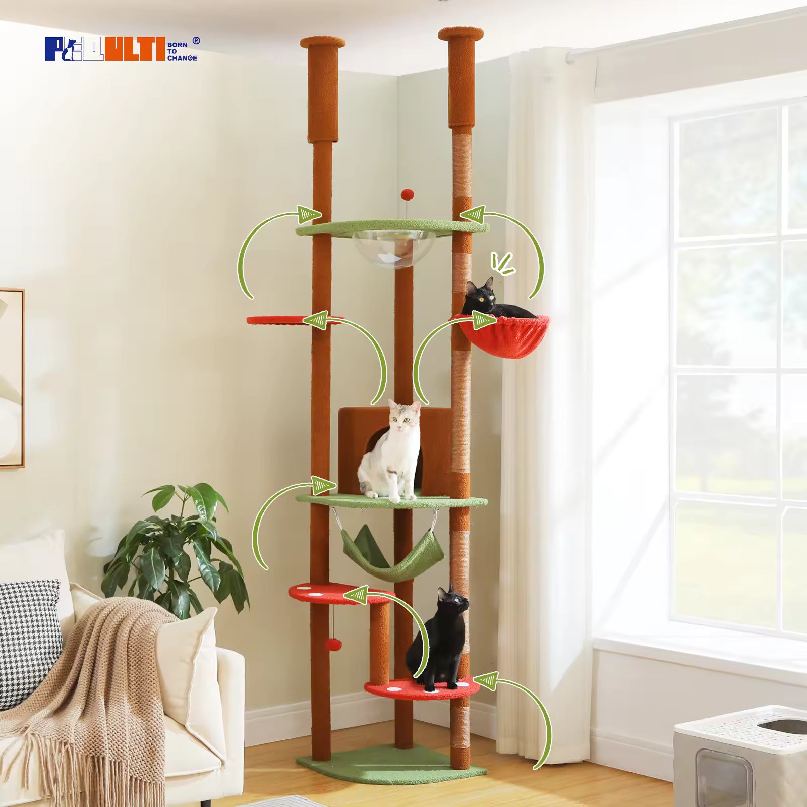 Tall Multi-Level Cat Tree for Indoor Cats, Floor-to-Ceiling Cat Tower with Scratching Posts, Cozy Condo, Hammock, Playhouse & Cat Furniture and Toys