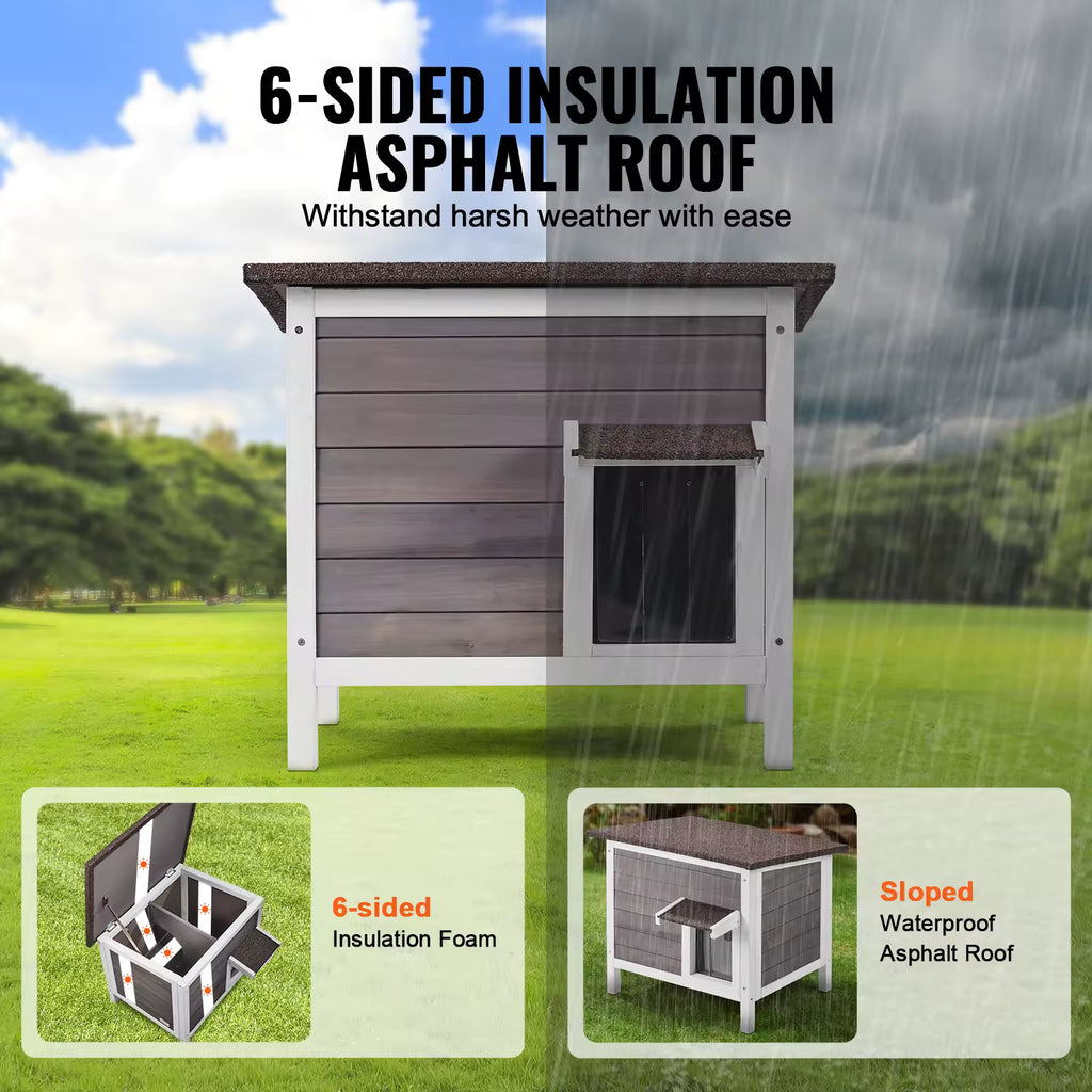SucceBuy Weatherproof Outdoor Cat House, Wooden Shelter with Foam Insulation for Cats, Rabbits, and Feral Pets