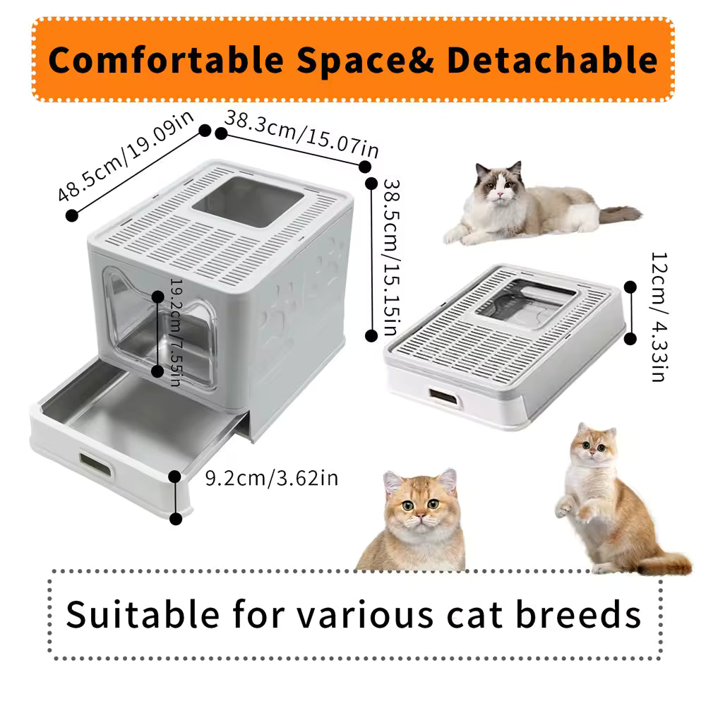 Enclosed Stainless Steel Cat Litter Box with Lid & Scoop, Large Covered Top-Entry Litter Pan with High Sides for Easy Cleaning