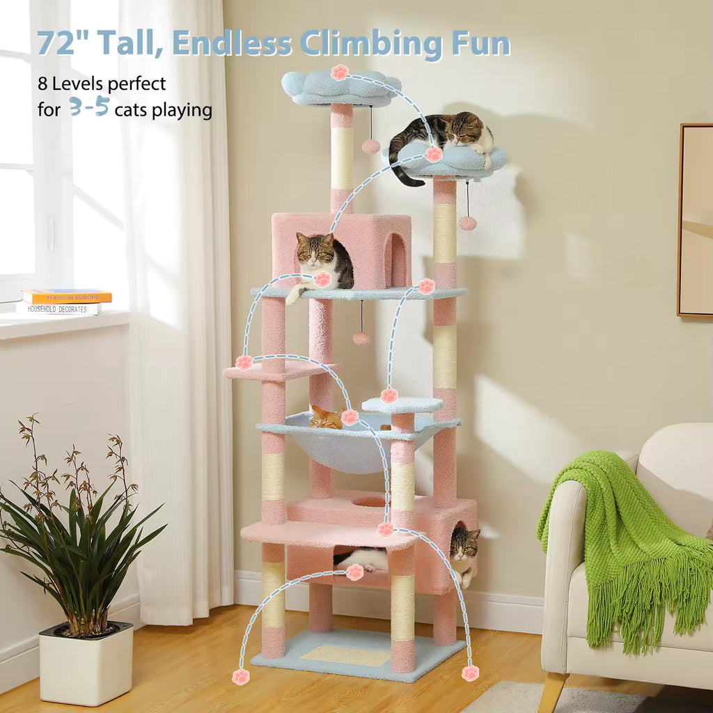 184cm Large Cat Tree for Indoor Cats, Blue Multi-Level Cat Tower with Sisal Scratching Posts, Plush Hammock, Padded Perches, Condos & Play Areas