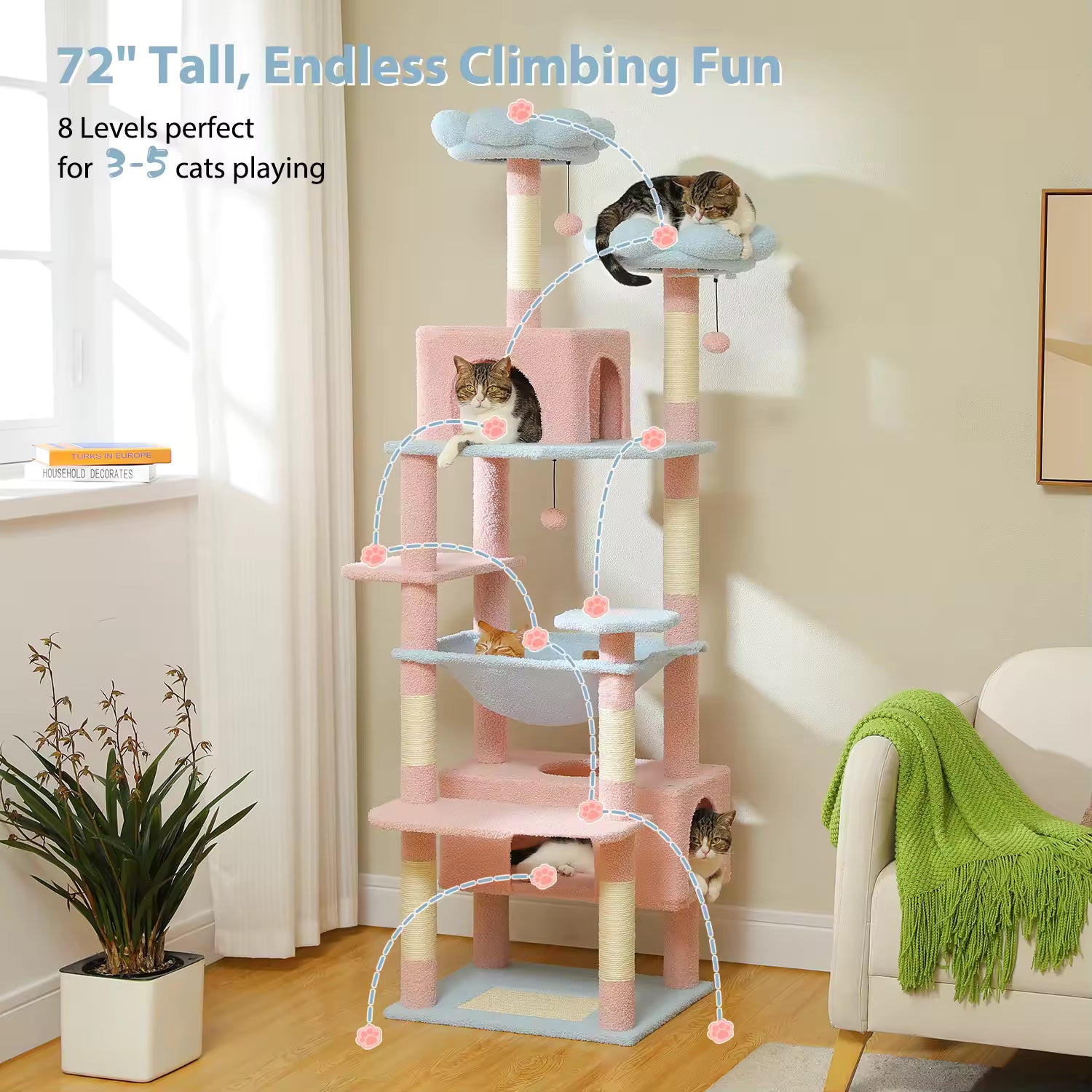 184cm Large Cat Tree for Indoor Cats, Blue Multi-Level Cat Tower with Sisal Scratching Posts, Plush Hammock, Padded Perches, Condos & Play Areas