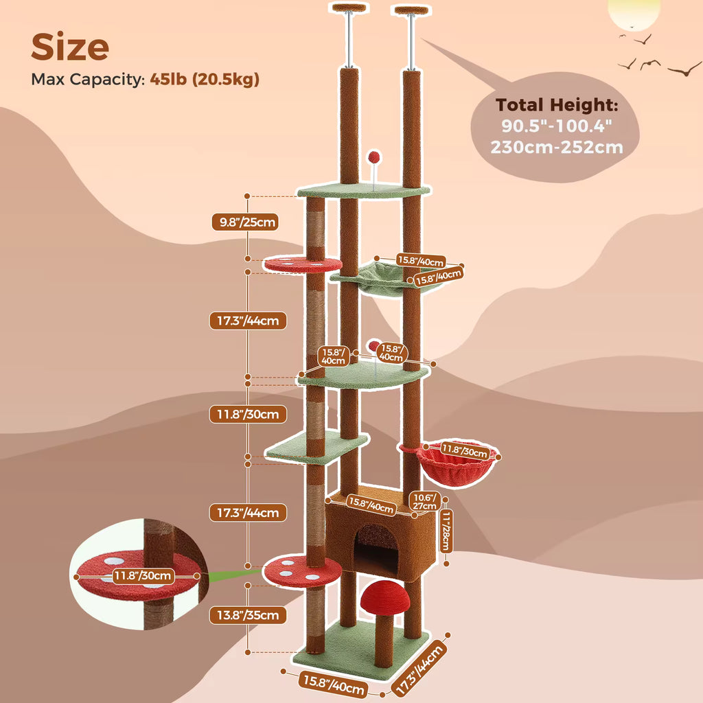 Adjustable 230-252cm Cat Tree, Floor to Ceiling Multi-Level Cat Tower Condo with Hanging Ball, 5 Sisal Scratching Posts, Plush Hammock & Resting Platforms for Cats