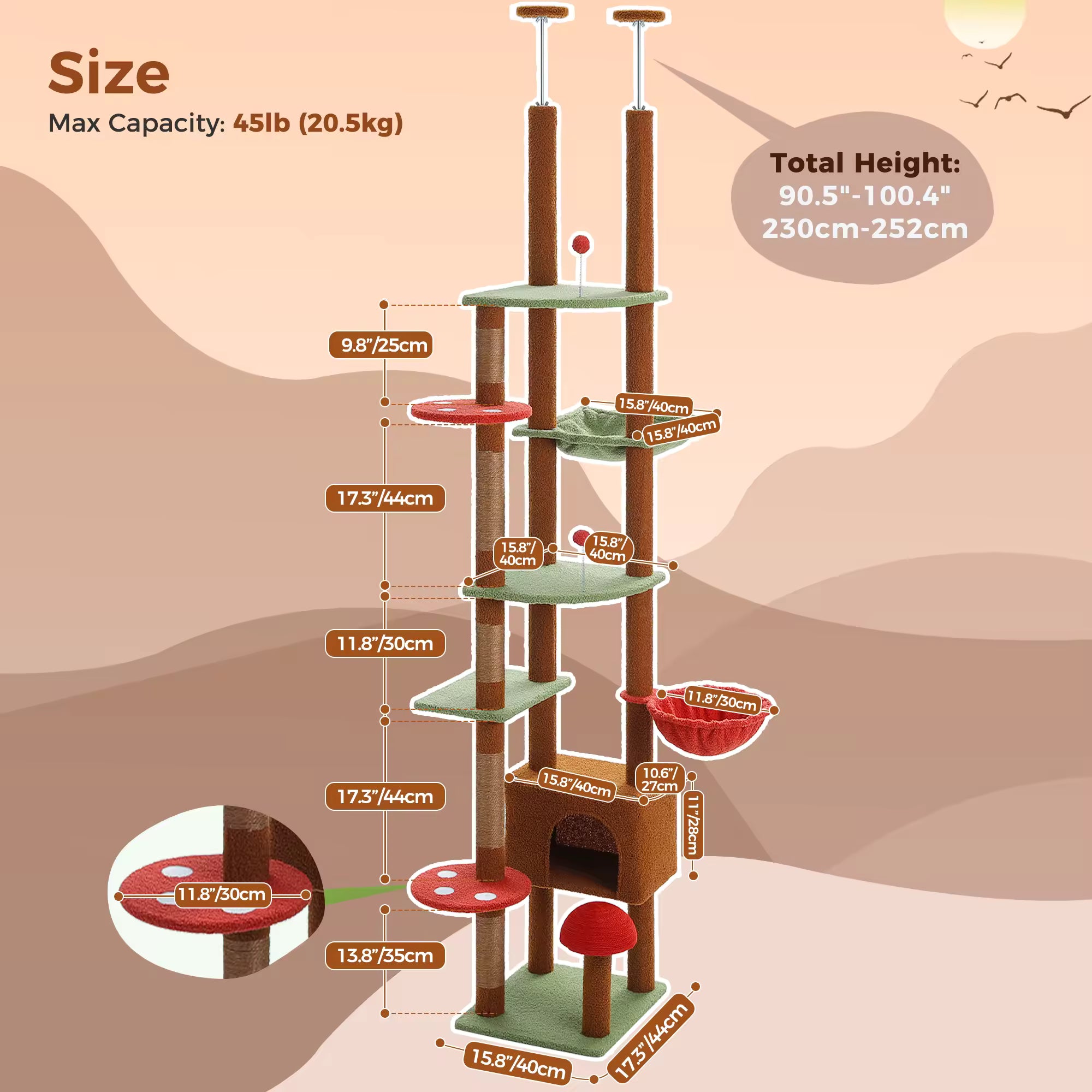 Adjustable 230-252cm Cat Tree, Floor to Ceiling Multi-Level Cat Tower Condo with Hanging Ball, 5 Sisal Scratching Posts, Plush Hammock & Resting Platforms for Cats