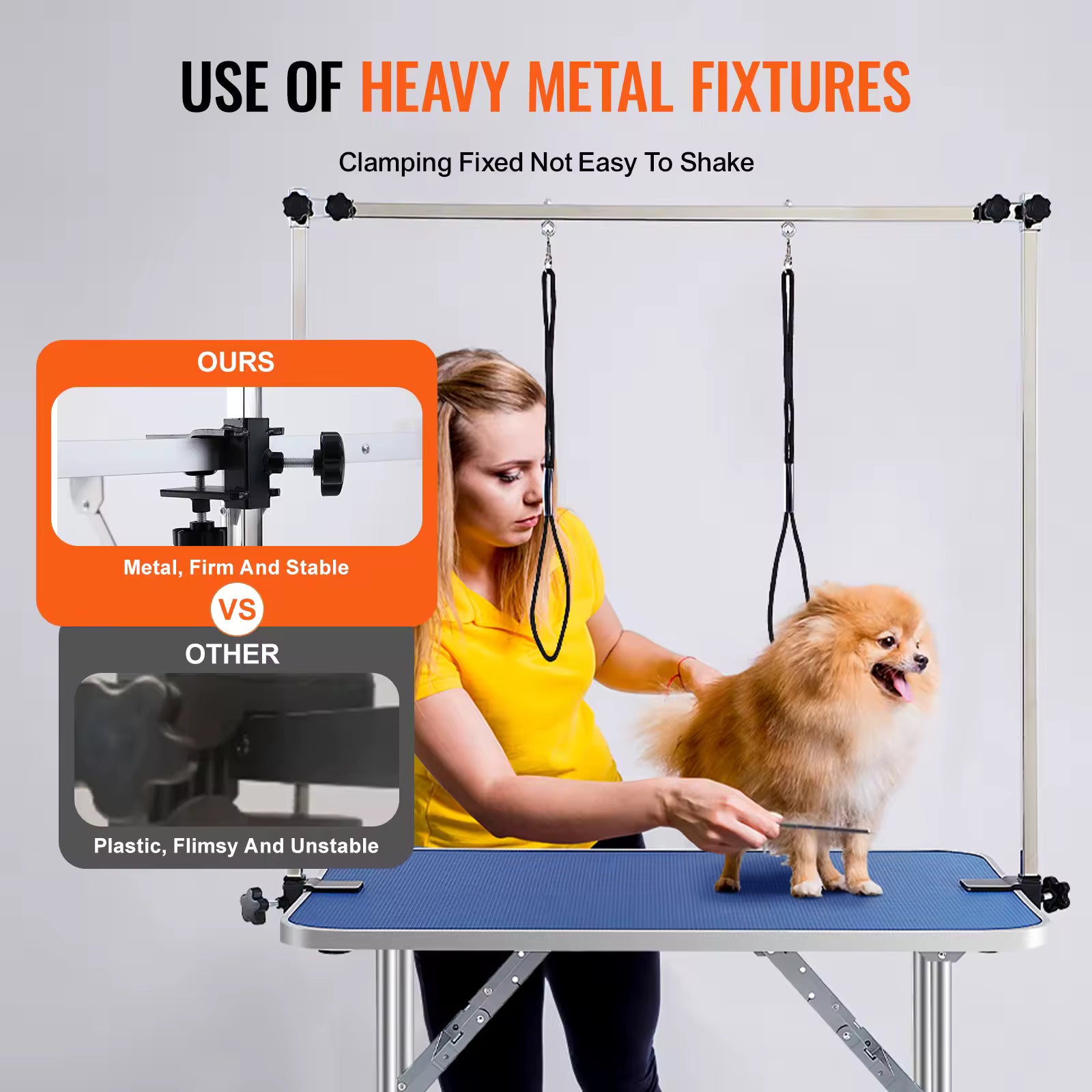 SucceBuy Foldable Pet Grooming Table, Two Arms with Clamp, Adjustable Dog Grooming Station with Loop for Small & Medium Dogs