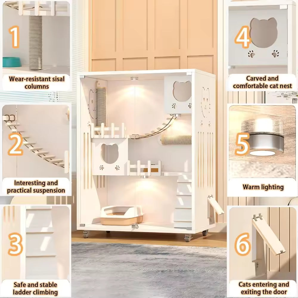 Large Luxury Wood Cat House, Indoor/Outdoor Multi-Feature Cat Condo with Wheels, Enclosed Cat Cage for Cats & Kittens