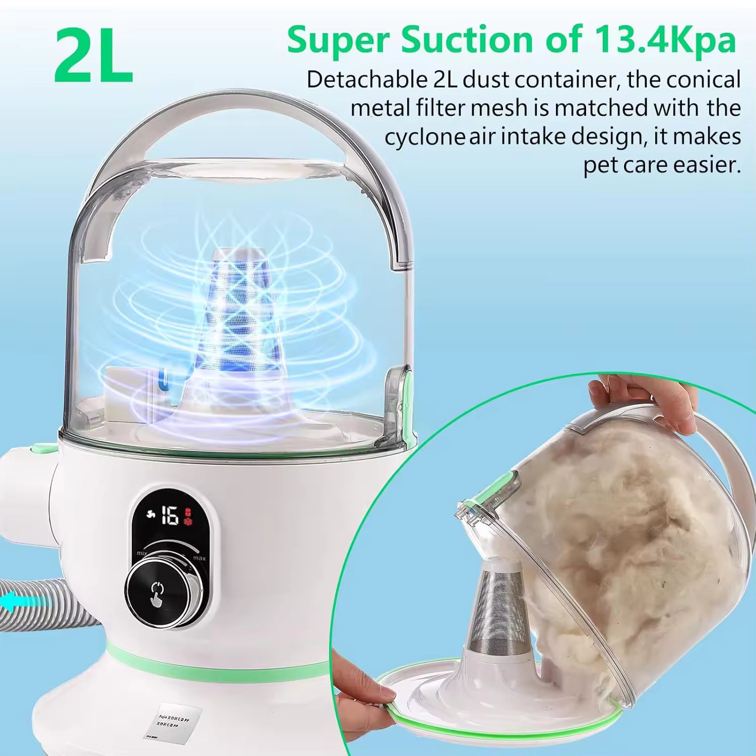 Pet Grooming 2L Vacuum Suction Kit, Quiet Professional Dog & Cat Grooming Set with 99% Hair Suction and 5 Essential Grooming Tools