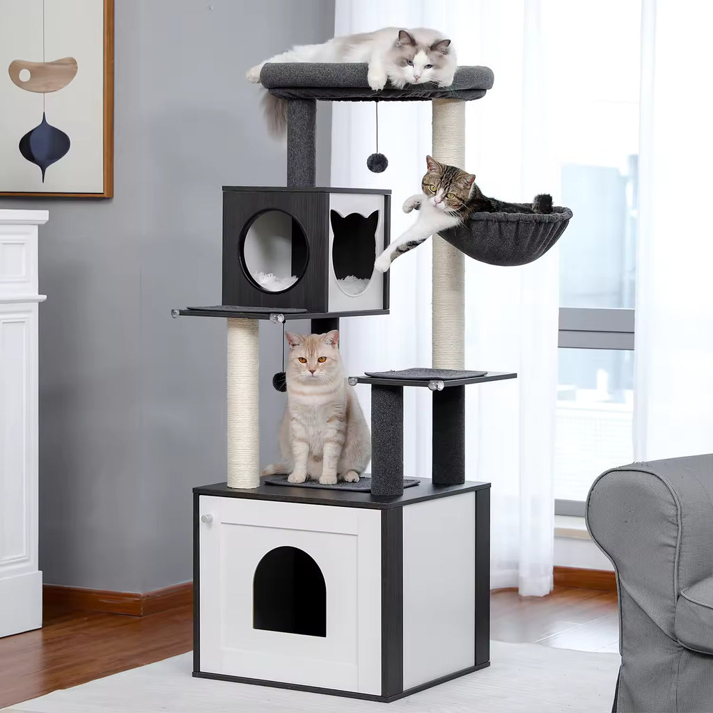 Multi-Level Indoor Cat Tree Wooden Tower with Scratching Posts, Spacious Condo, Hammock, Top Perch, Cat Scratcher & Interactive Toys for Cats