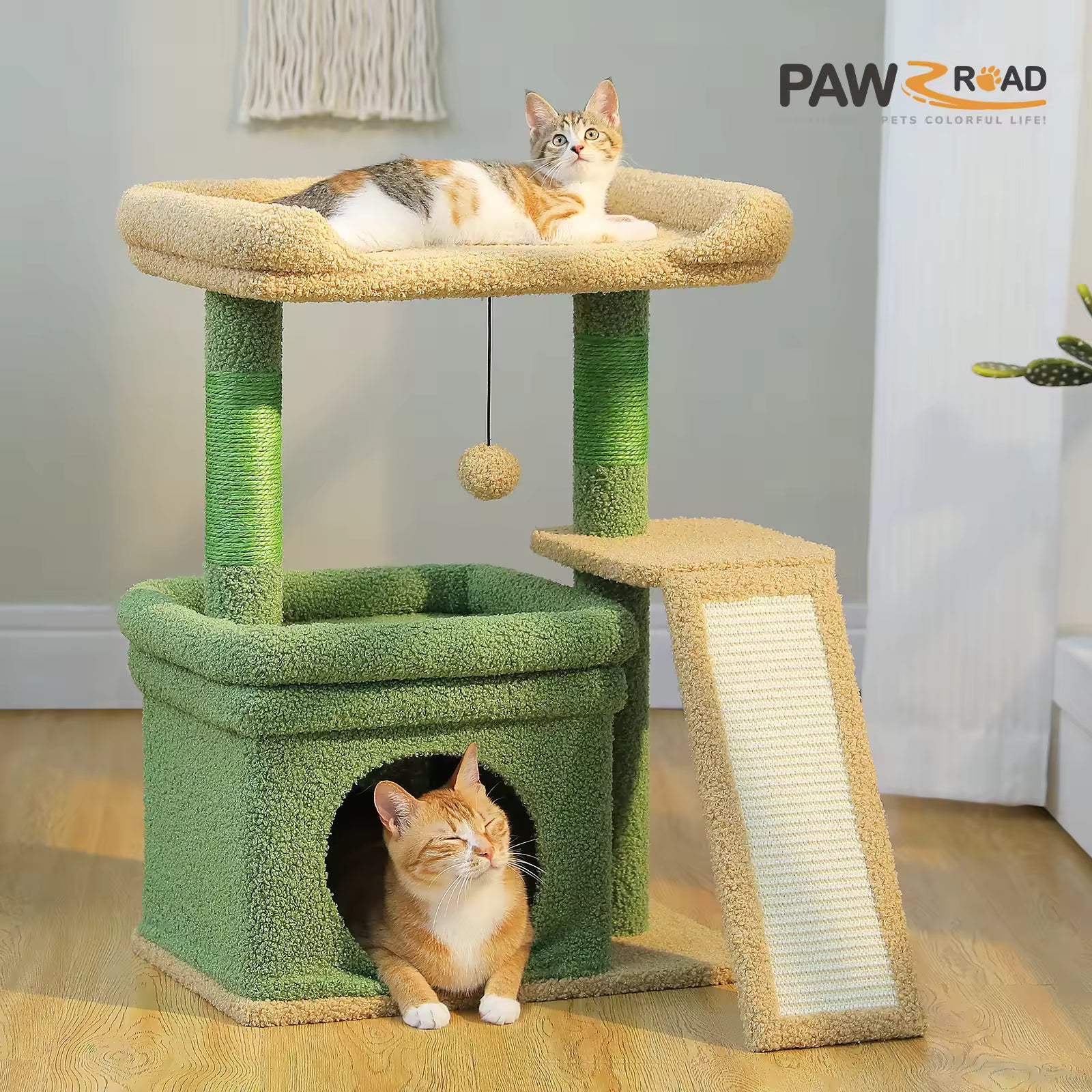 Indoor Small Cat Tree Tower, Plush Cat House, Wide Top Perch Cat Condo with Sisal Scratching Post, Scratchers Cat Toys