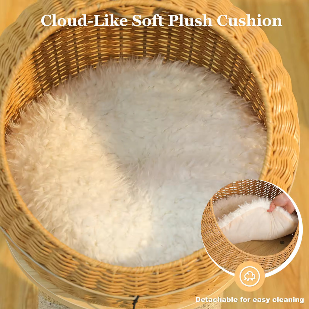 Large Dinosaur Cat Tree for Indoor Cats, Rattan Cat Condo with Sisal Scratching Post, Wicker Bed, Removable Mat & Interactive Cat Toys