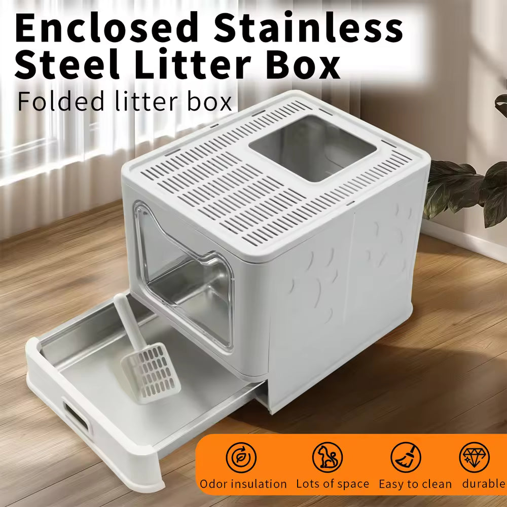 Enclosed Stainless Steel Cat Litter Box with Lid & Scoop, Large Covered Top-Entry Litter Pan with High Sides for Easy Cleaning