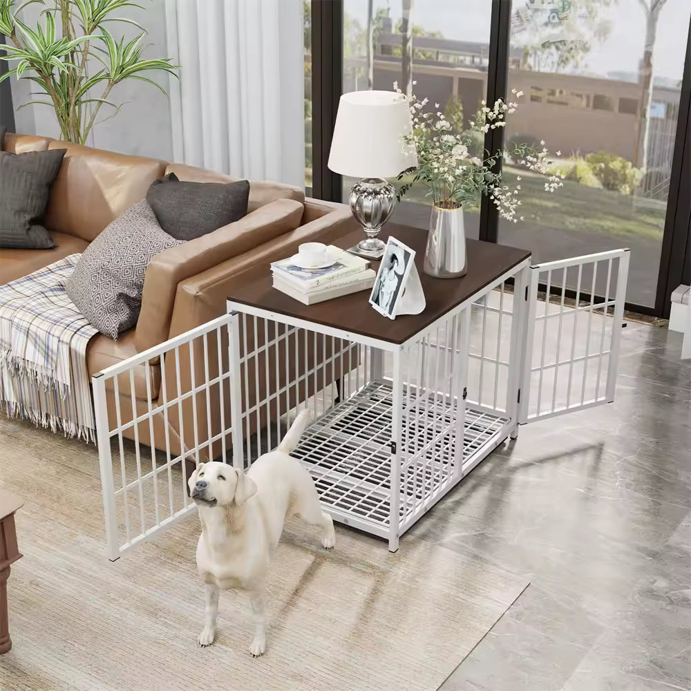 Large Wooden Dog Crate – Indoor Elevated Furniture-Style Pet Cage with Lattice Design, 3 Doors, Removable Tray, and Puppy Playpen
