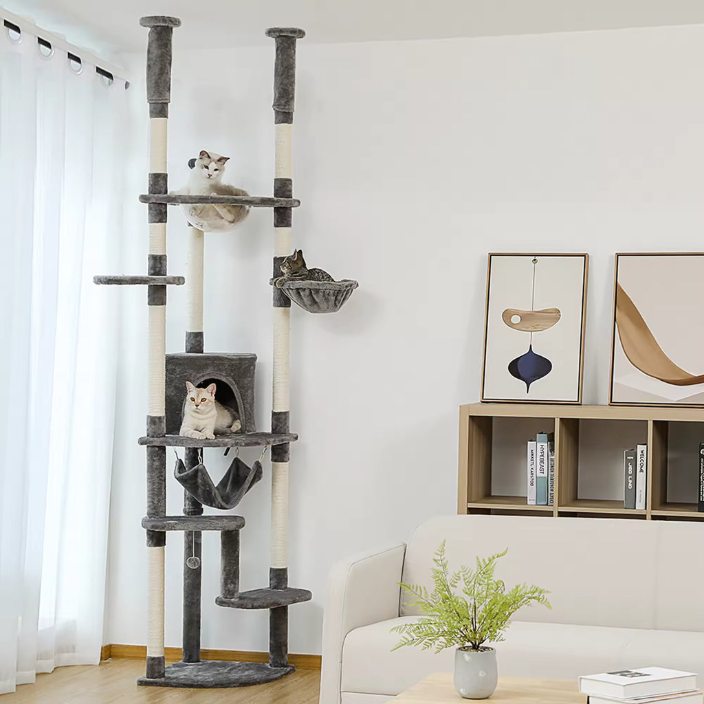 Tall Multi-Level Cat Tree for Indoor Cats, Floor-to-Ceiling Cat Tower with Scratching Posts, Cozy Condo, Hammock, Playhouse & Cat Furniture and Toys